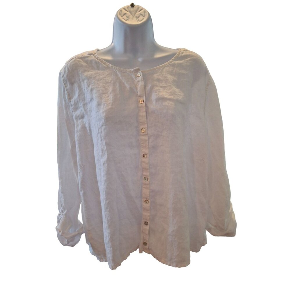 Tahari Women Blouse Linen White Plus Size 2XL Button Down Long Sleeve Minimalist